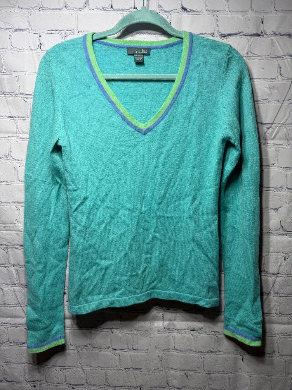 Griffen Cashmere Womens V-Neck Sweater Sz S Varsity Preppy Casual